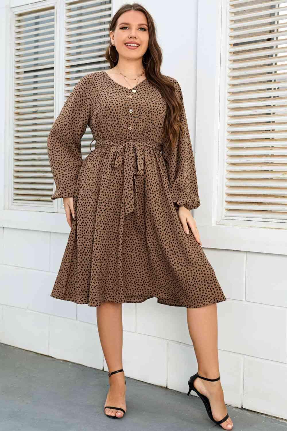 Plus Size Printed V-Neck Balloon Sleeve Tie Waist Dress - Immenzive