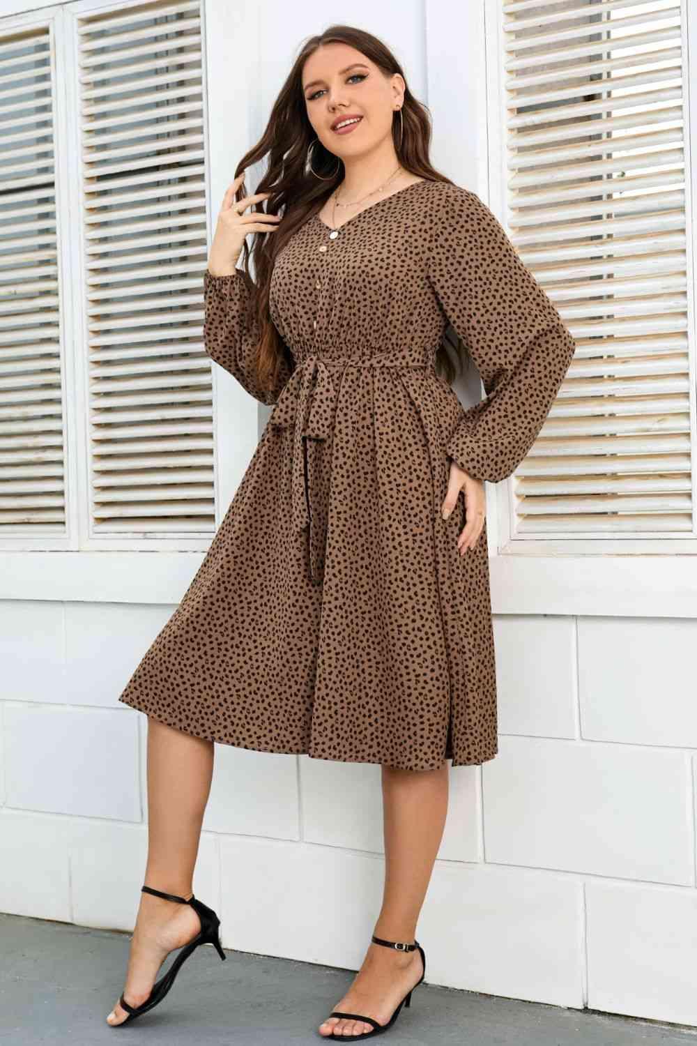 Plus Size Printed V-Neck Balloon Sleeve Tie Waist Dress - Immenzive