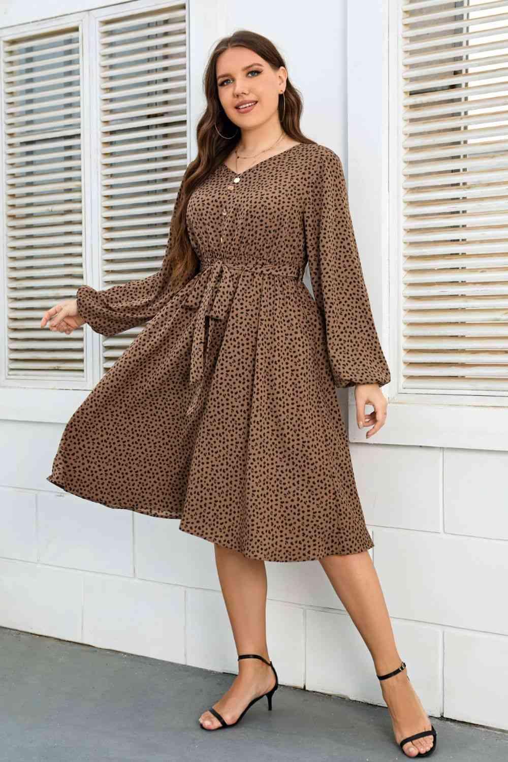 Plus Size Printed V-Neck Balloon Sleeve Tie Waist Dress - Immenzive