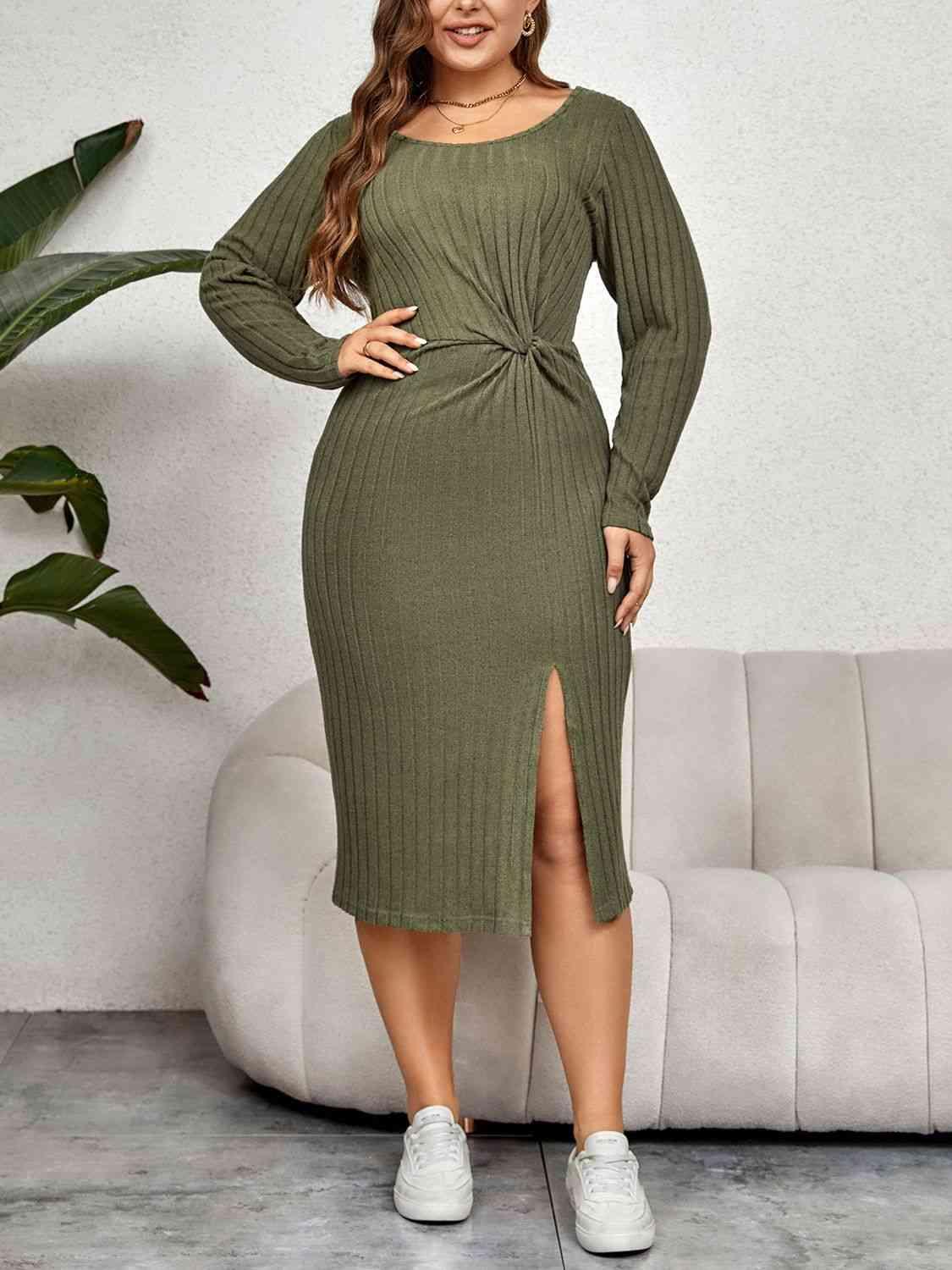 Plus Size Ribbed Round Neck Twisted Slit Midi Dress - Immenzive