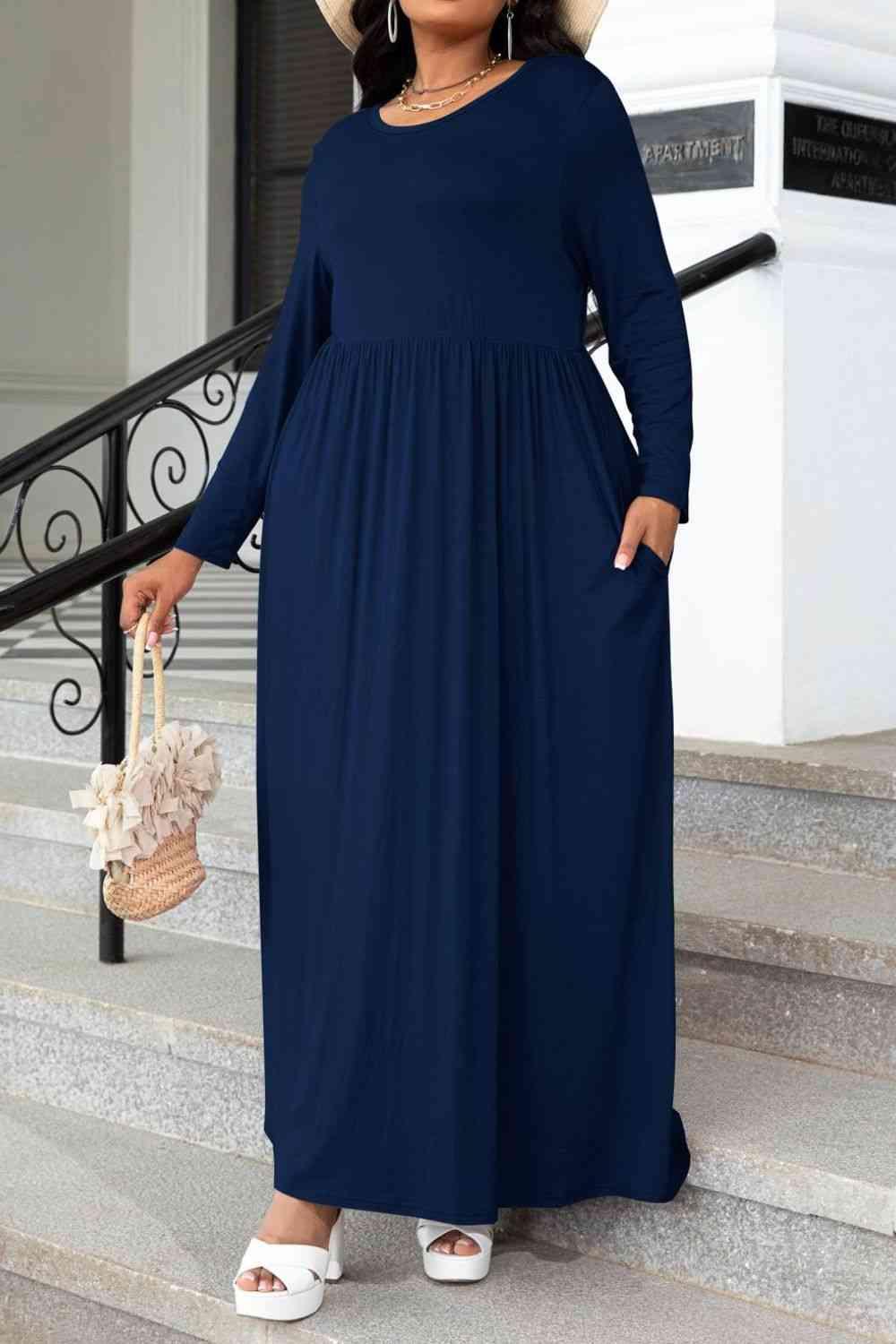 Plus Size Round Neck Long Sleeve Maxi Dress with Pockets - Immenzive