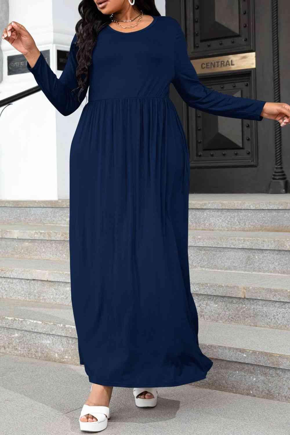 Plus Size Round Neck Long Sleeve Maxi Dress with Pockets - Immenzive