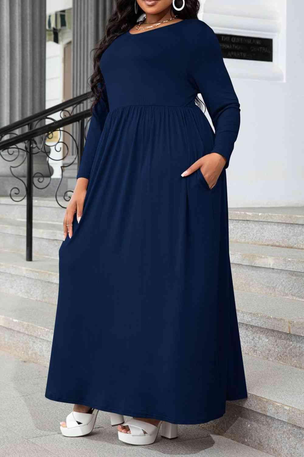 Plus Size Round Neck Long Sleeve Maxi Dress with Pockets - Immenzive