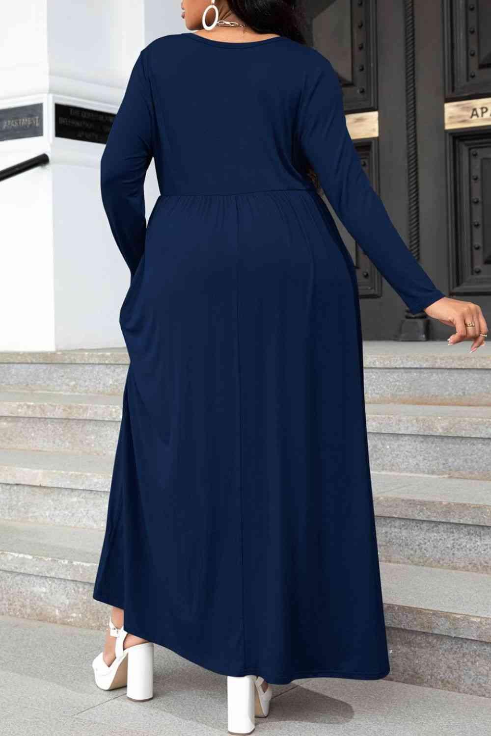 Plus Size Round Neck Long Sleeve Maxi Dress with Pockets - Immenzive