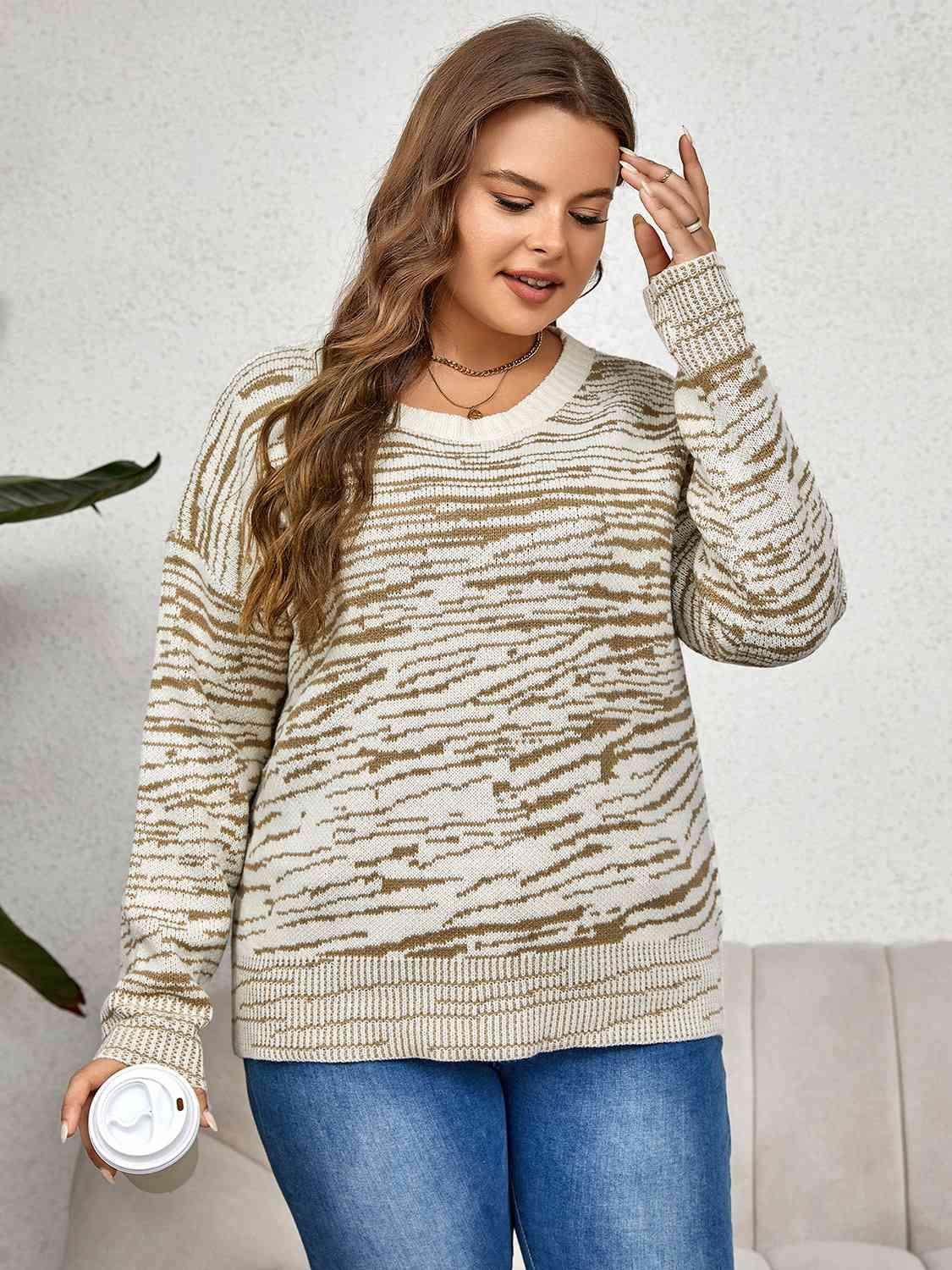 Plus Size Round Neck Long Sleeve Sweater - Immenzive