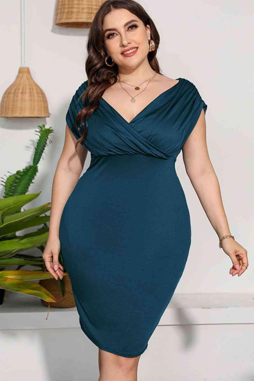 Plus Size Ruched V-Neck Dress - Immenzive