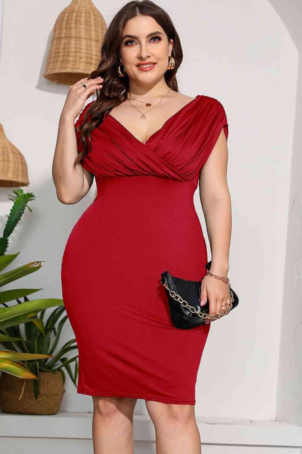 Plus Size Ruched V-Neck Dress - Immenzive