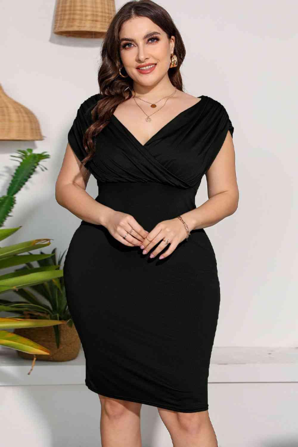 Plus Size Ruched V-Neck Dress - Immenzive