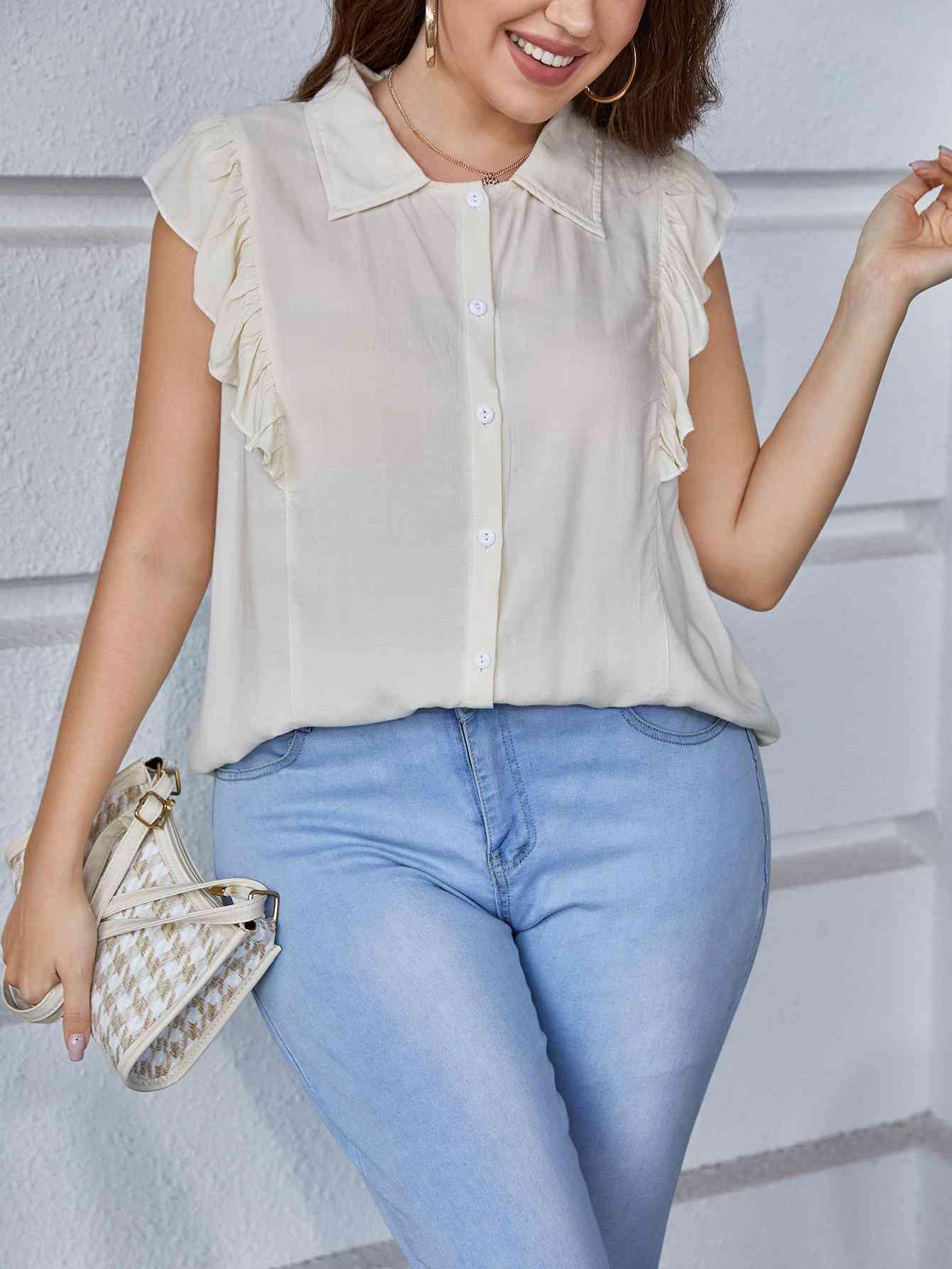 Plus Size Ruffled Cap Sleeve Shirt - Immenzive