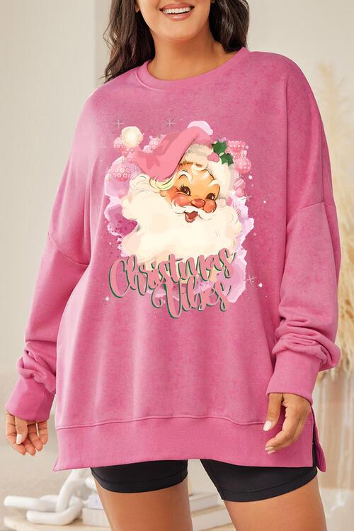 Plus Size Santa Claus Graphic Round Neck Long Sleeve Slit Sweatshirt - Immenzive