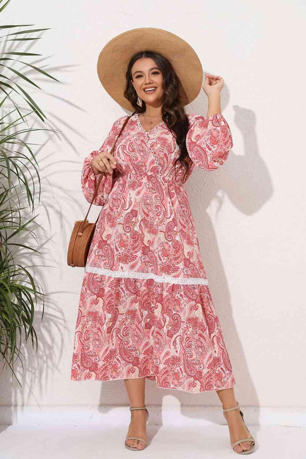 Plus Size Spliced Lace Surplice Balloon Sleeve Maxi Dress - Immenzive