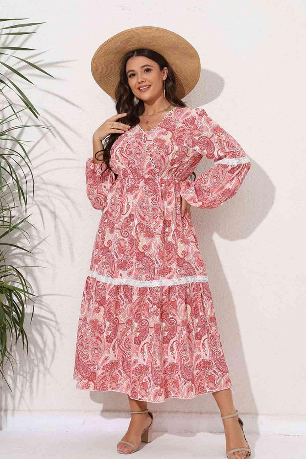 Plus Size Spliced Lace Surplice Balloon Sleeve Maxi Dress - Immenzive