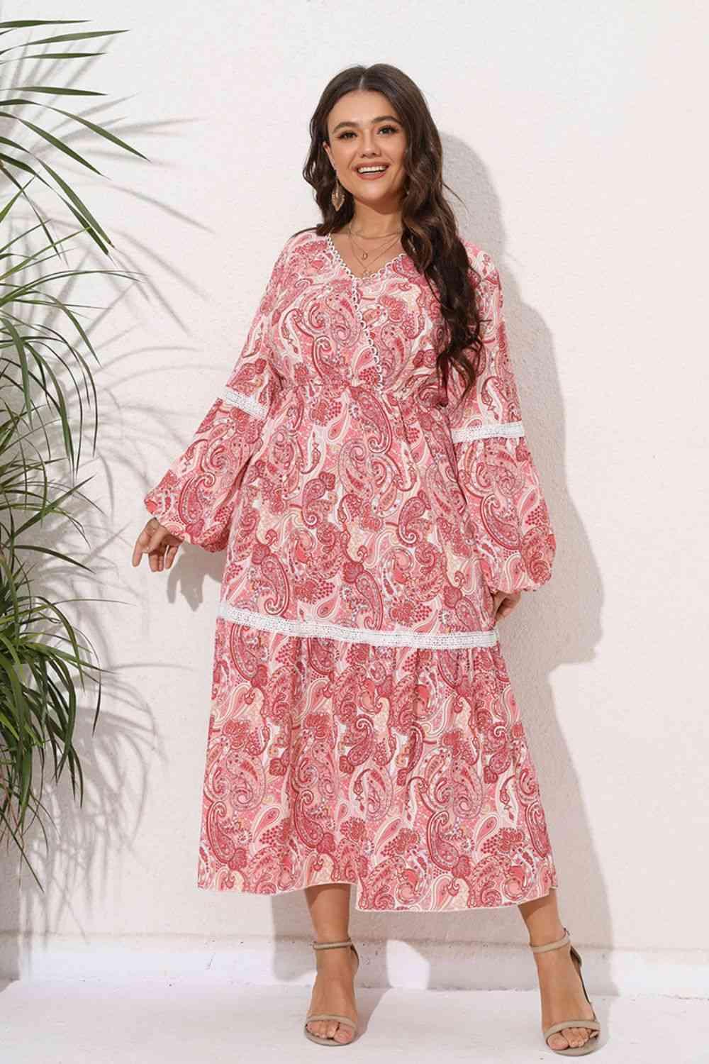 Plus Size Spliced Lace Surplice Balloon Sleeve Maxi Dress - Immenzive