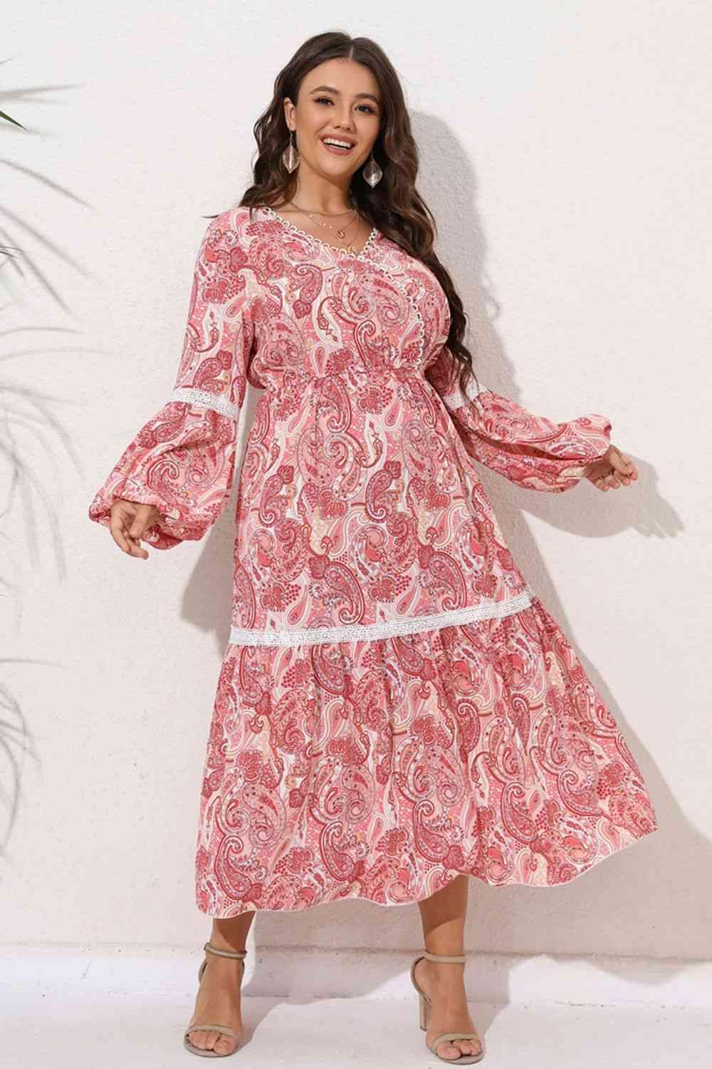 Plus Size Spliced Lace Surplice Balloon Sleeve Maxi Dress - Immenzive