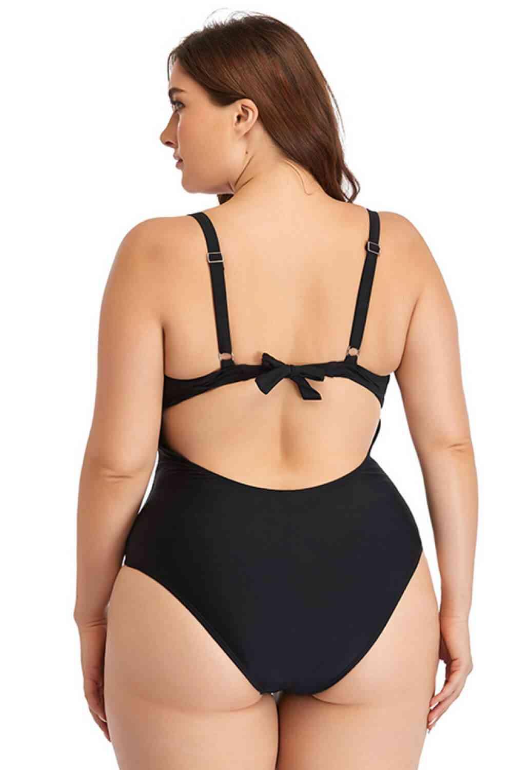 Plus Size Spliced Mesh Tie-Back One-Piece Swimsuit - Immenzive