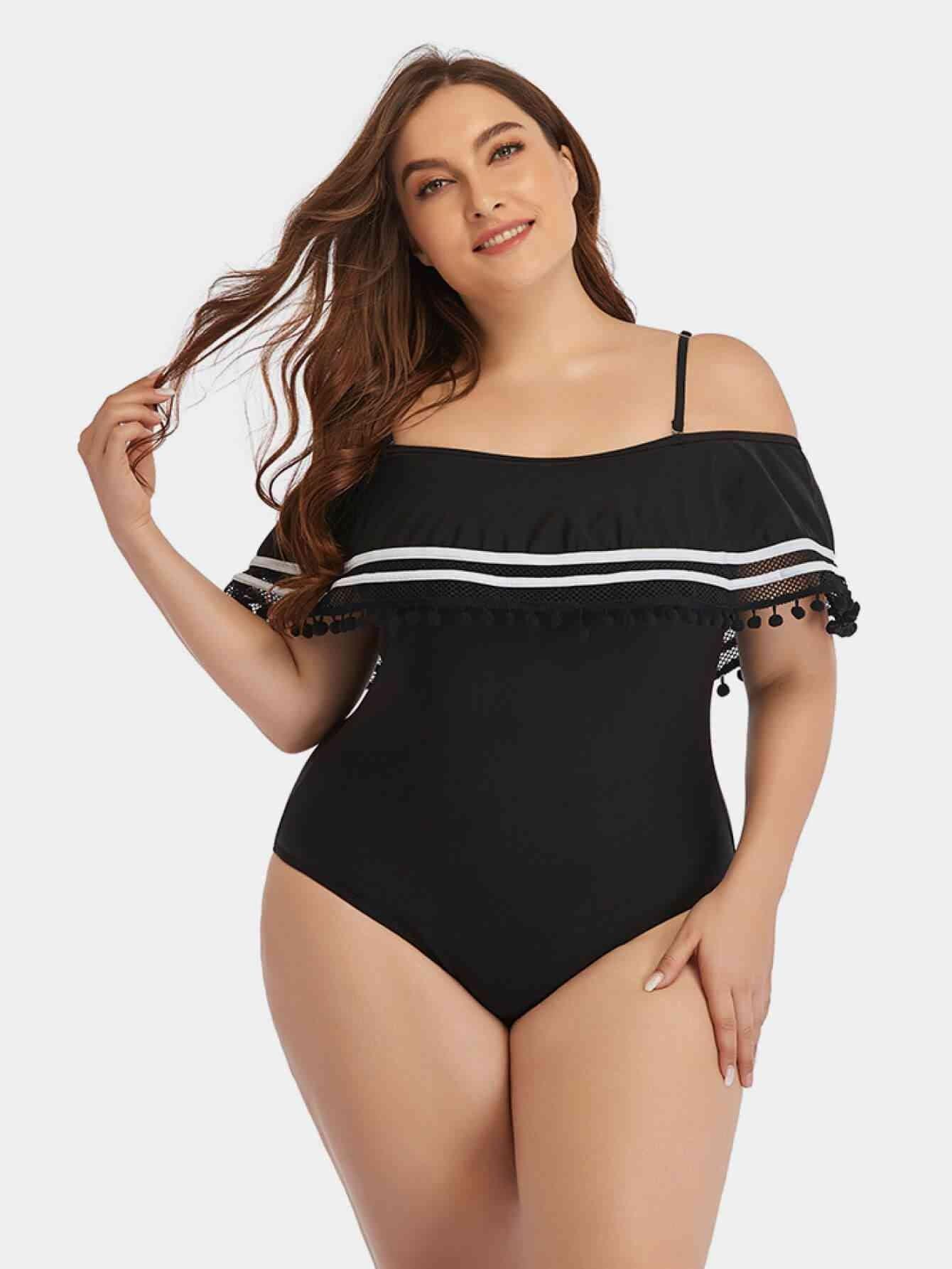 Plus Size Striped Cold-Shoulder One-Piece Swimsuit - Immenzive