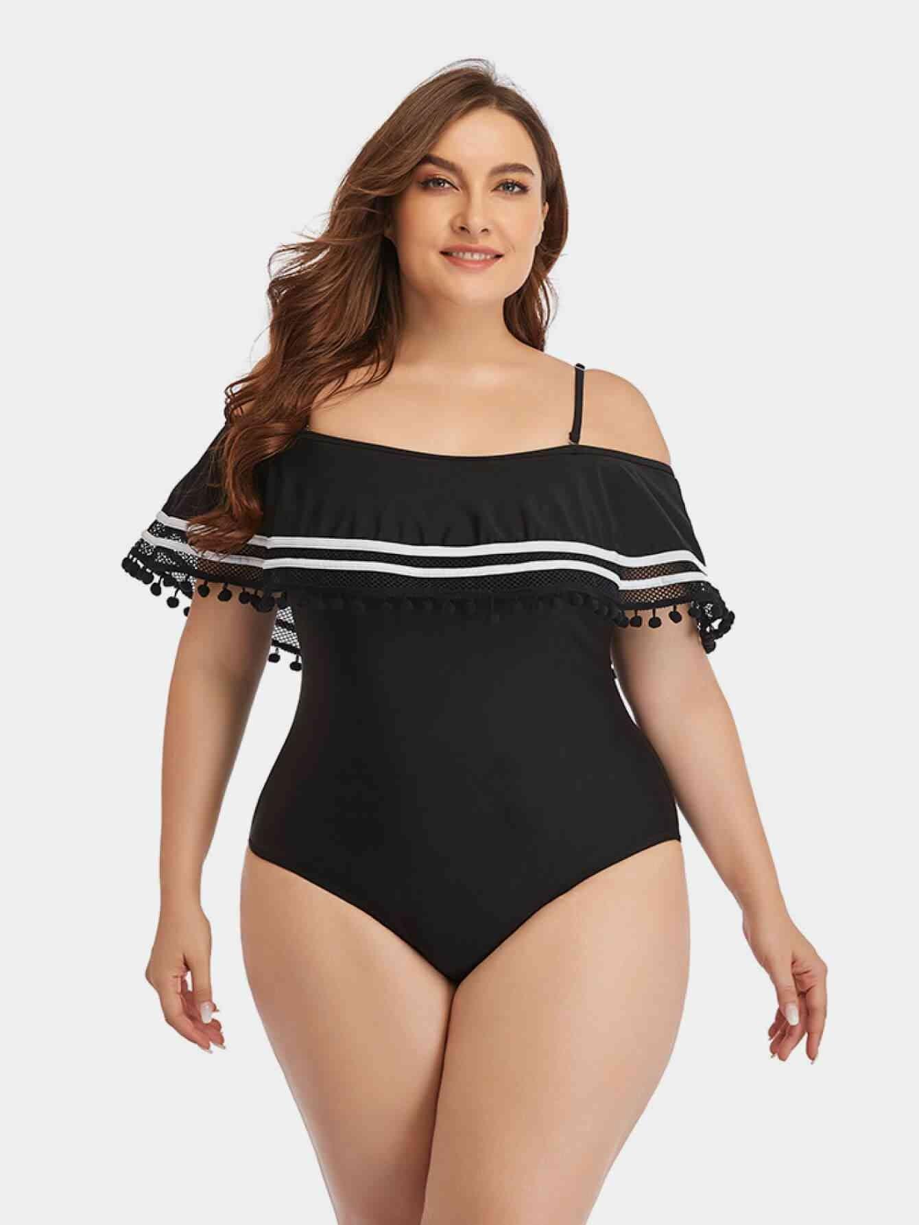 Plus Size Striped Cold-Shoulder One-Piece Swimsuit - Immenzive
