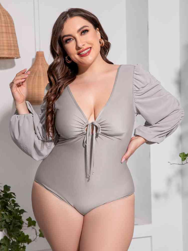 Plus Size Tied Deep V Balloon Sleeve One-Piece Swimsuit - Immenzive