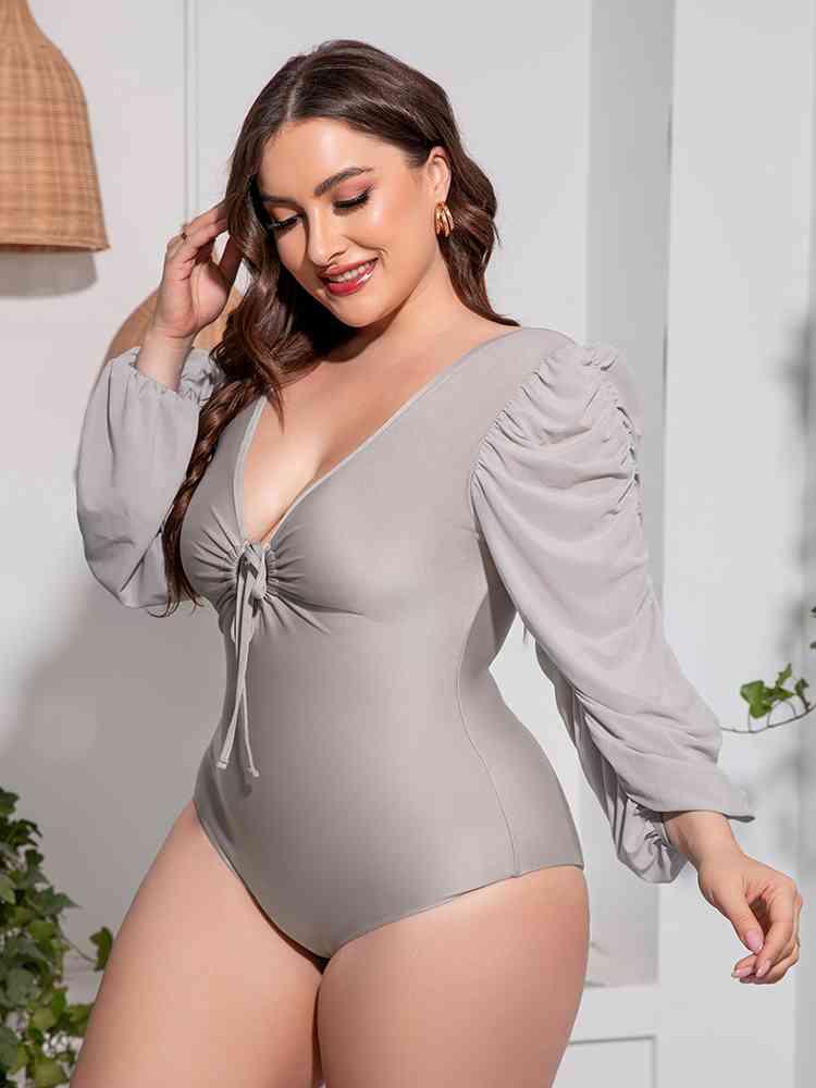 Plus Size Tied Deep V Balloon Sleeve One-Piece Swimsuit - Immenzive