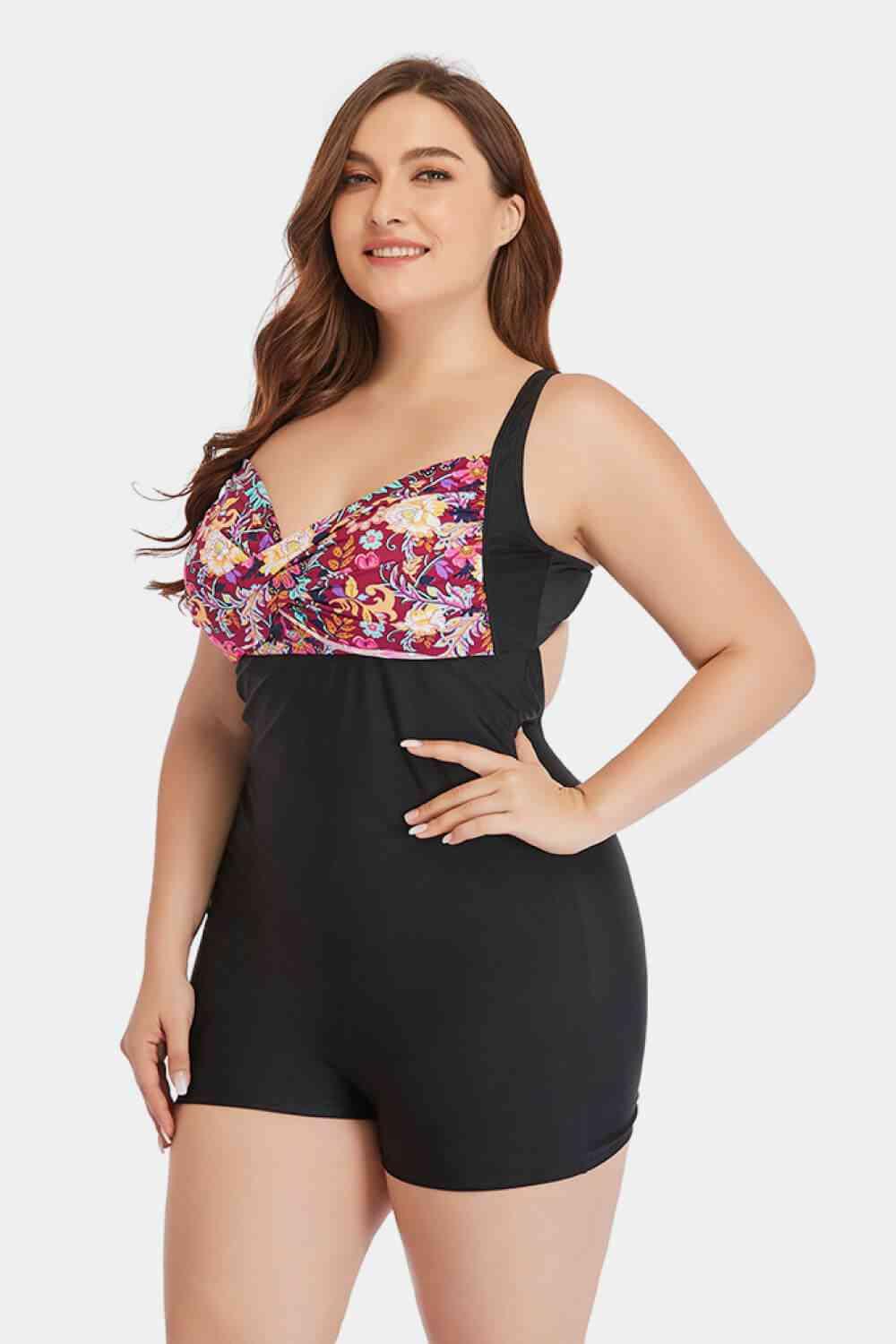 Plus Size Two-Tone One-Piece Swimsuit - Immenzive