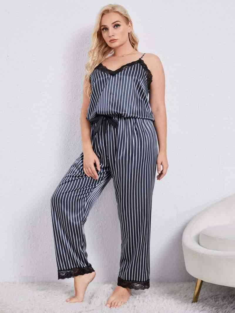 Plus Size Vertical Stripe Lace Trim Cami and Pants Pajama Set - Immenzive