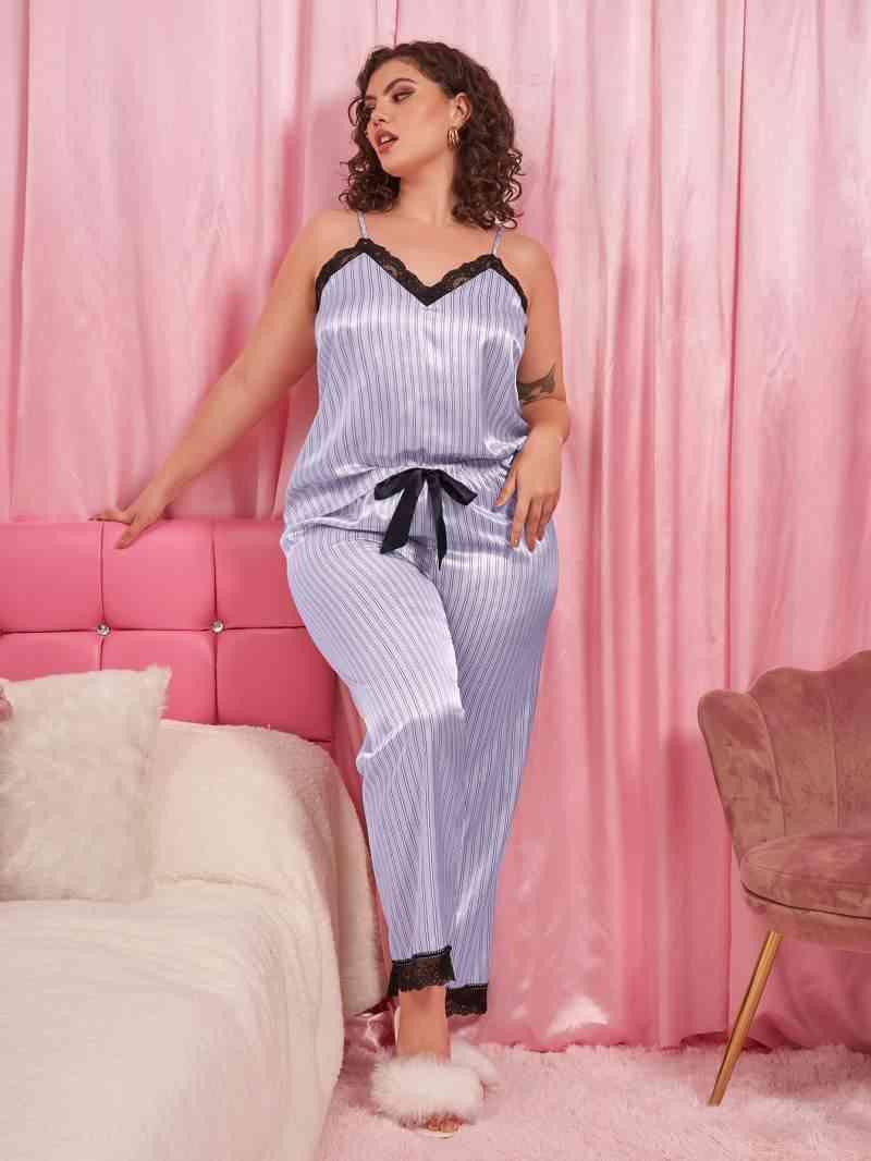 Plus Size Vertical Stripe Lace Trim Cami and Pants Pajama Set - Immenzive