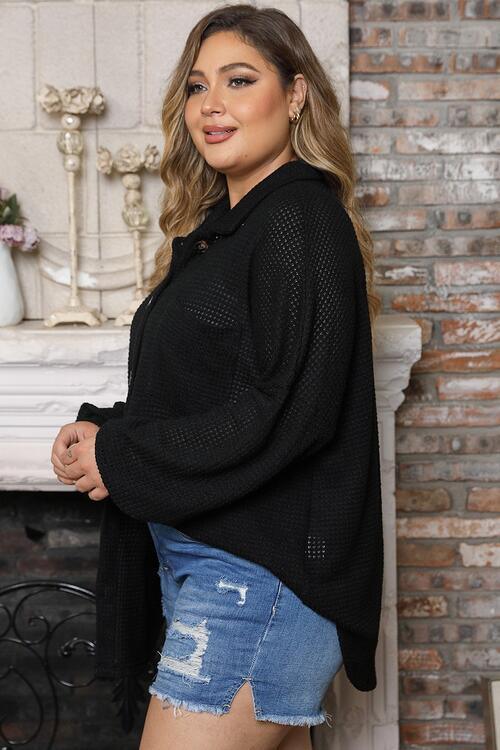 Plus Size Waffle Knit Button Up Collared Neck Shirt - Immenzive