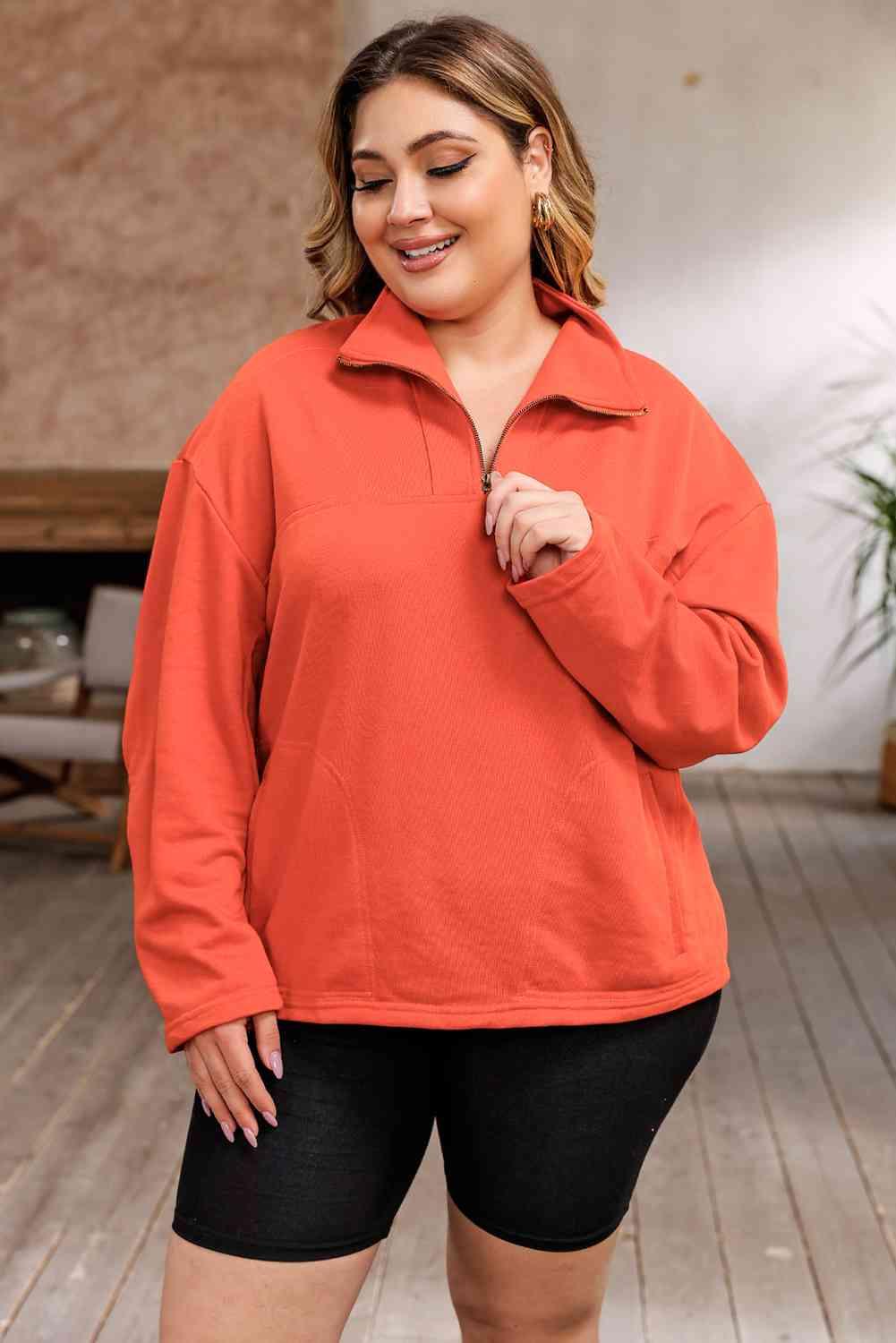 Plus Size Zip-Up Dropped Shoulder Sweatshirt - Immenzive