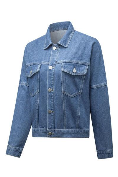 Pocketed Button Up Dropped Shoulder Denim Jacket - Immenzive