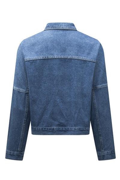 Pocketed Button Up Dropped Shoulder Denim Jacket - Immenzive
