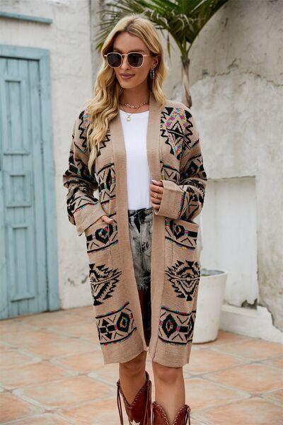 Pocketed Geometric Open Front Dropped Shoulder Cardigan - Immenzive