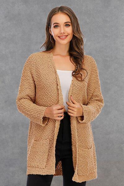 Pocketed Open Front Long Sleeve Cardigan - Immenzive