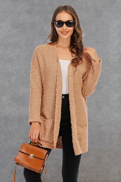 Pocketed Open Front Long Sleeve Cardigan - Immenzive