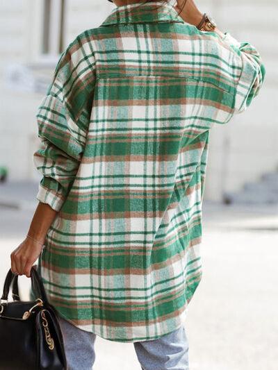 Pocketed Plaid Button Up Dropped Shoulder Shacket - Immenzive