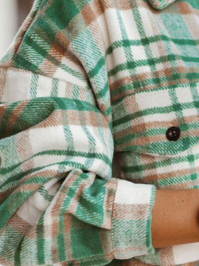 Pocketed Plaid Button Up Dropped Shoulder Shacket - Immenzive