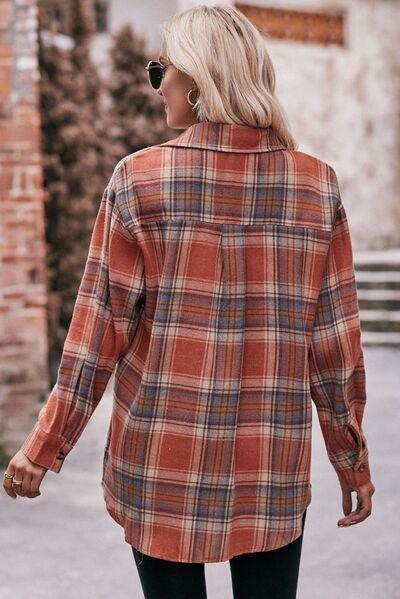 Pocketed Plaid Button Up Dropped Shoulder Shirt - Immenzive