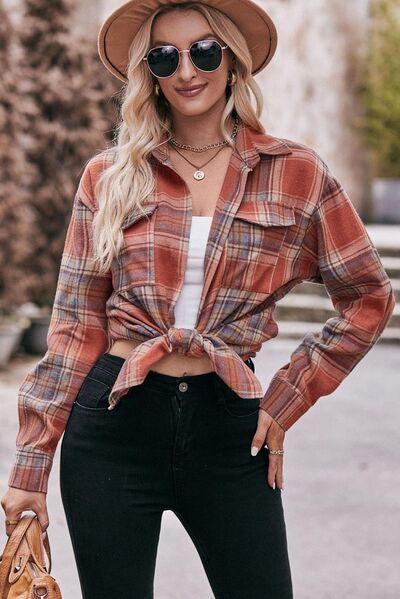 Pocketed Plaid Button Up Dropped Shoulder Shirt - Immenzive