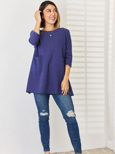 Pocketed Round Neck Half Sleeve Blouse - Immenzive