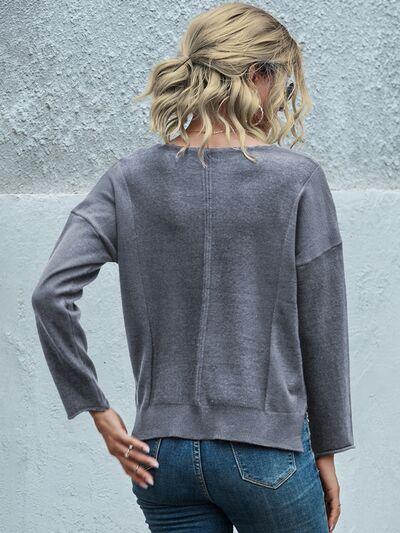 Pocketed V-Neck Dropped Shoulder Sweater - Immenzive