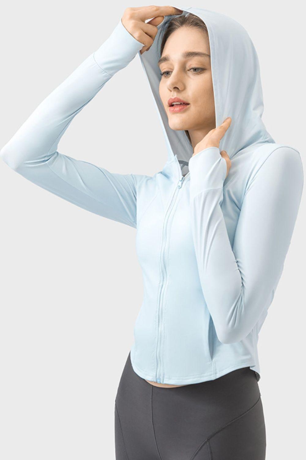 Pocketed Zip Up Hooded Long Sleeve Active Outerwear - Immenzive