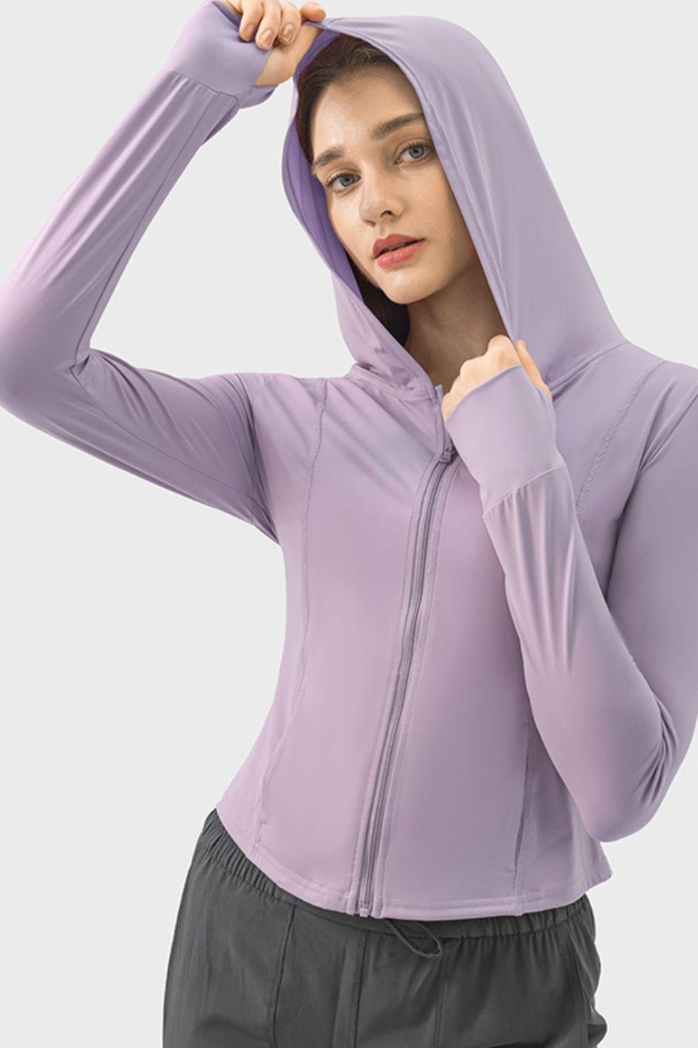 Pocketed Zip Up Hooded Long Sleeve Active Outerwear - Immenzive