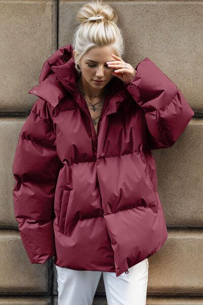 Pocketed Zip Up Hooded Puffer Jacket - Immenzive
