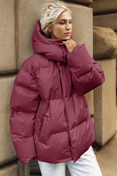 Pocketed Zip Up Hooded Puffer Jacket - Immenzive