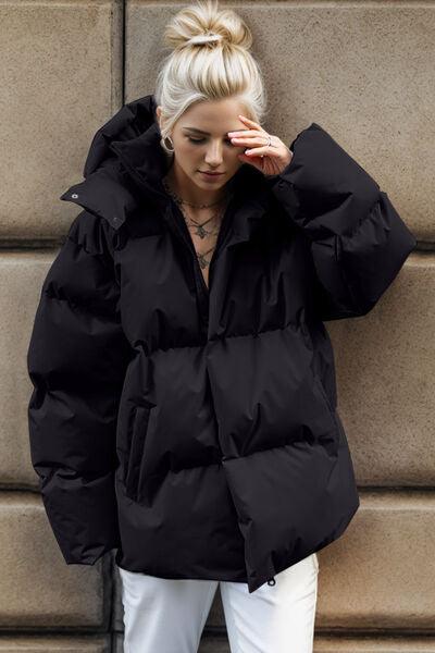 Pocketed Zip Up Hooded Puffer Jacket - Immenzive