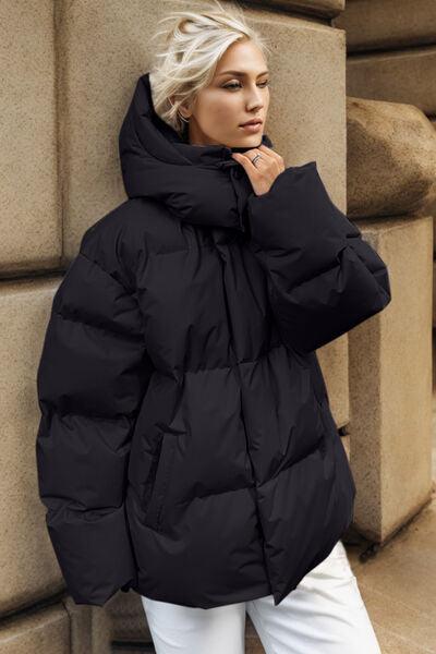Pocketed Zip Up Hooded Puffer Jacket - Immenzive