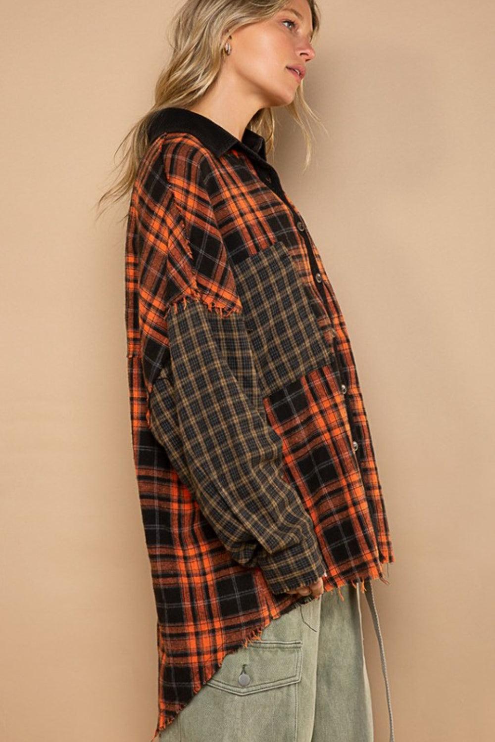 POL Plaid Contrast Long Sleeve Raw Hem Shacket with Chest Pockets - Immenzive