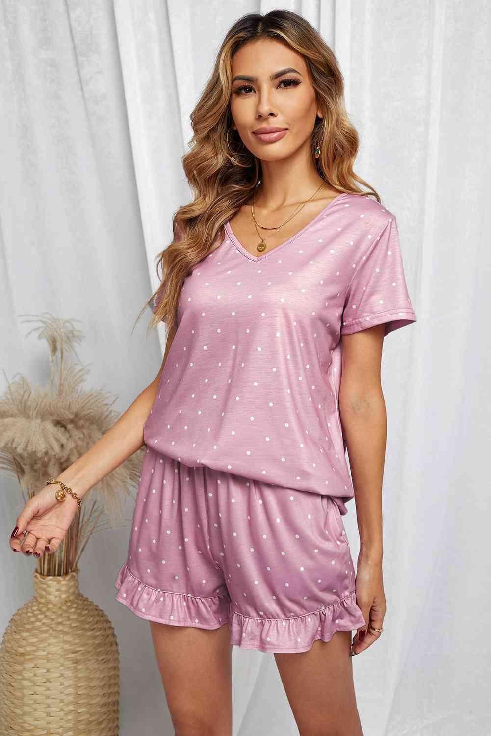 Polka Dot V-Neck Top and Ruffled Shorts Lounge Set - Immenzive