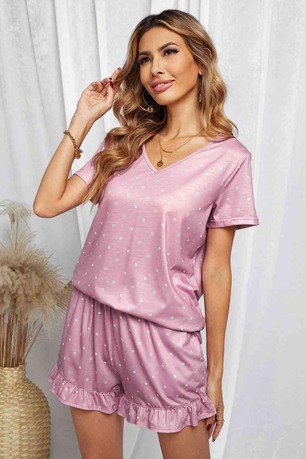 Polka Dot V-Neck Top and Ruffled Shorts Lounge Set - Immenzive