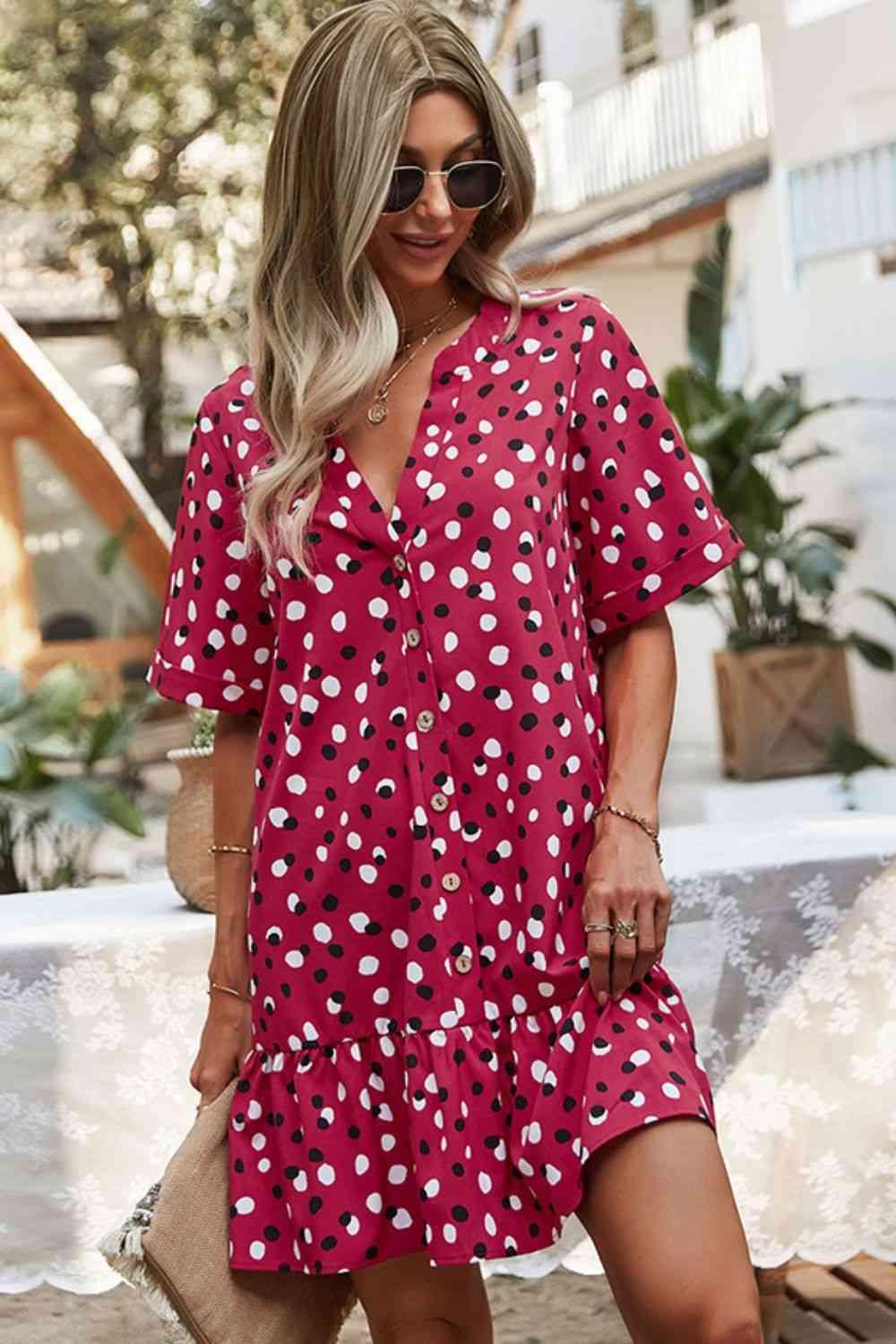 Printed Buttoned Ruffle Hem Mini Dress - Immenzive