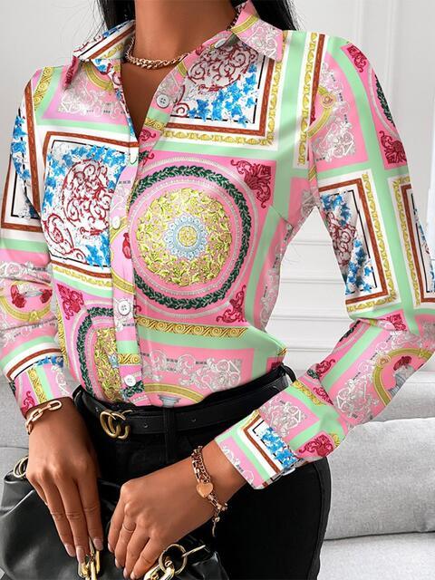 Printed Collared Neck Long Sleeve Shirt - Immenzive